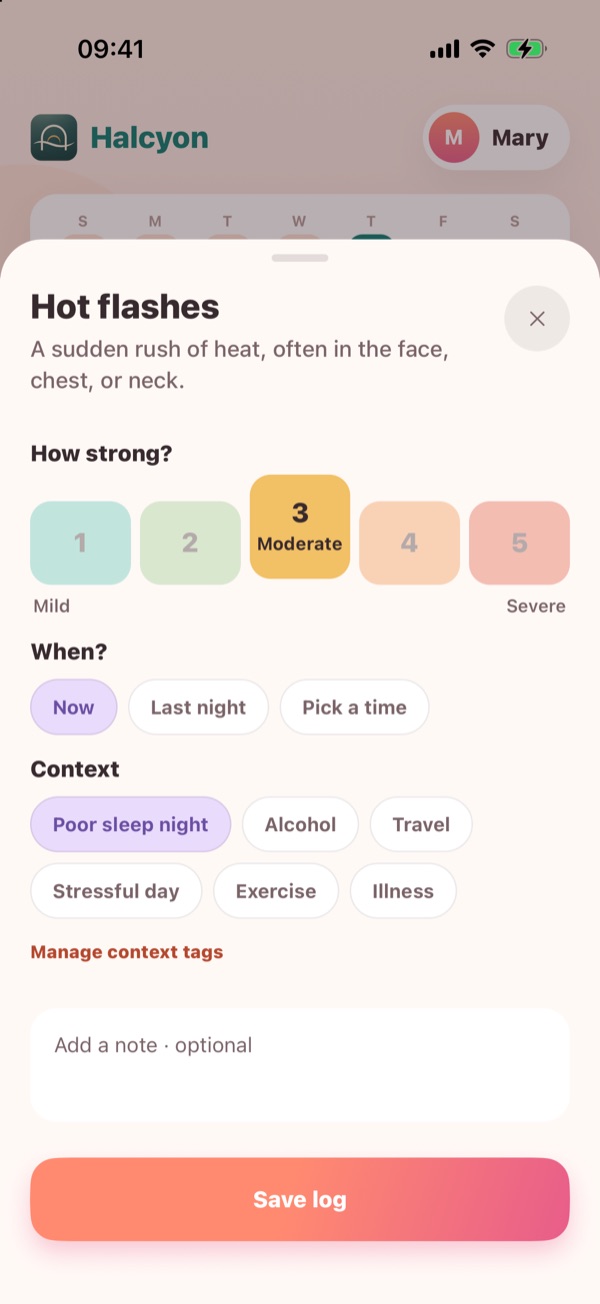 Logging hot flashes: a five-step strength scale, when, and optional context tags