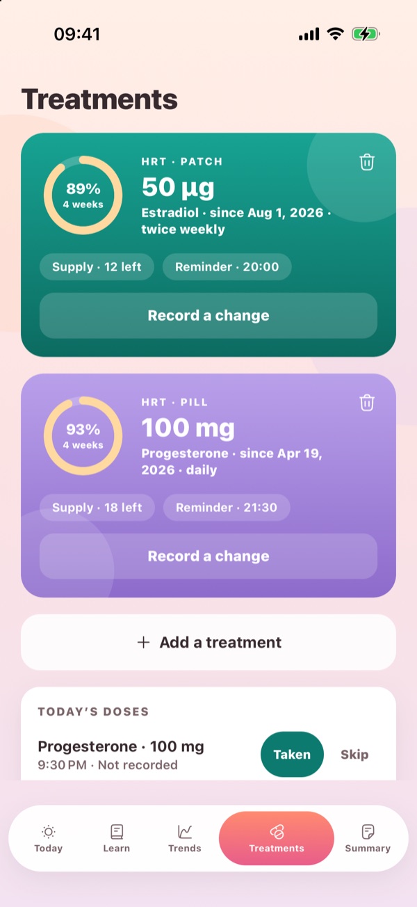 Treatments: an estradiol patch and a progesterone pill, each with adherence, supply and reminder